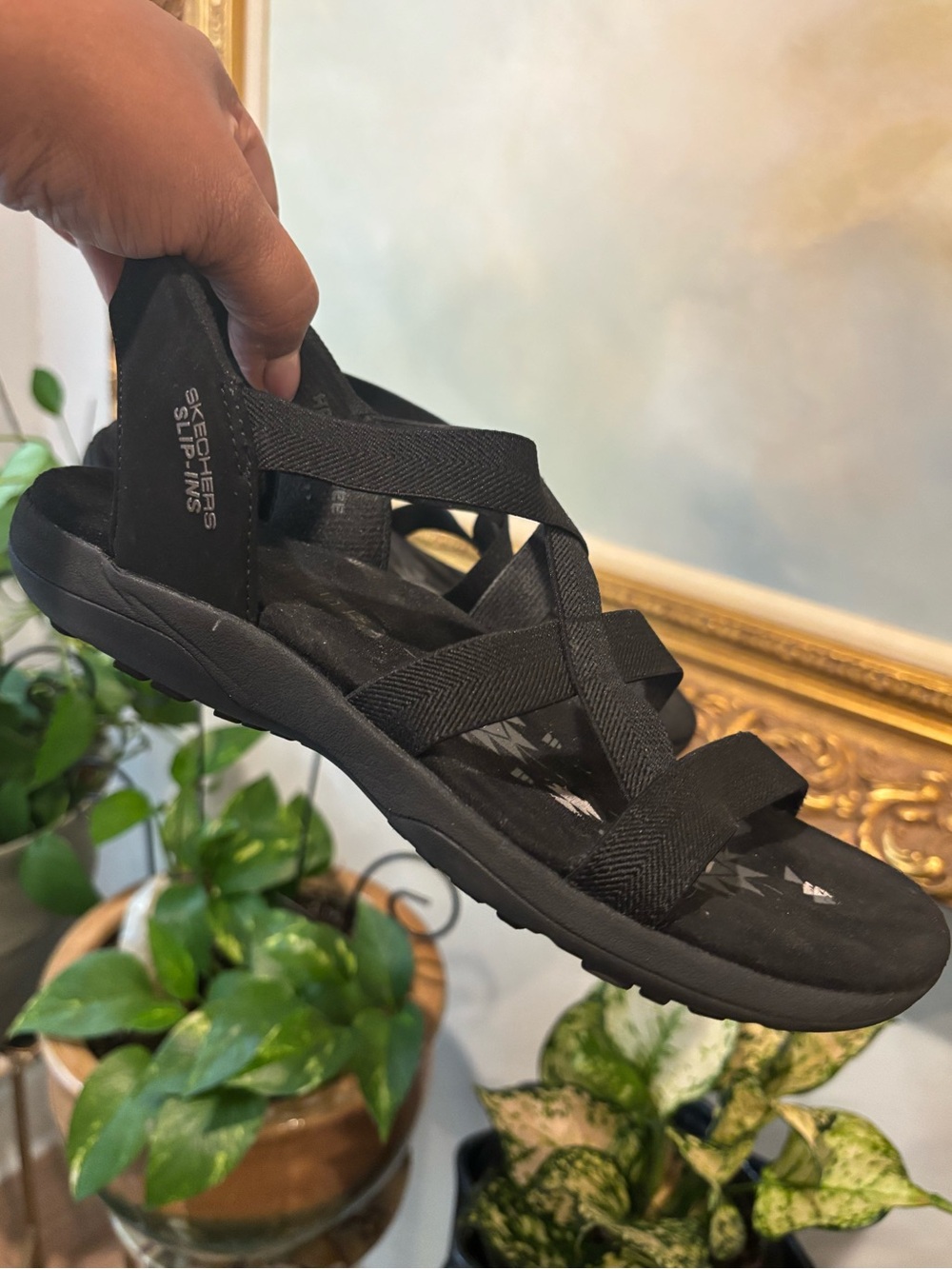 SKETCHERS Black Cross-Strap Slip-On Sandals